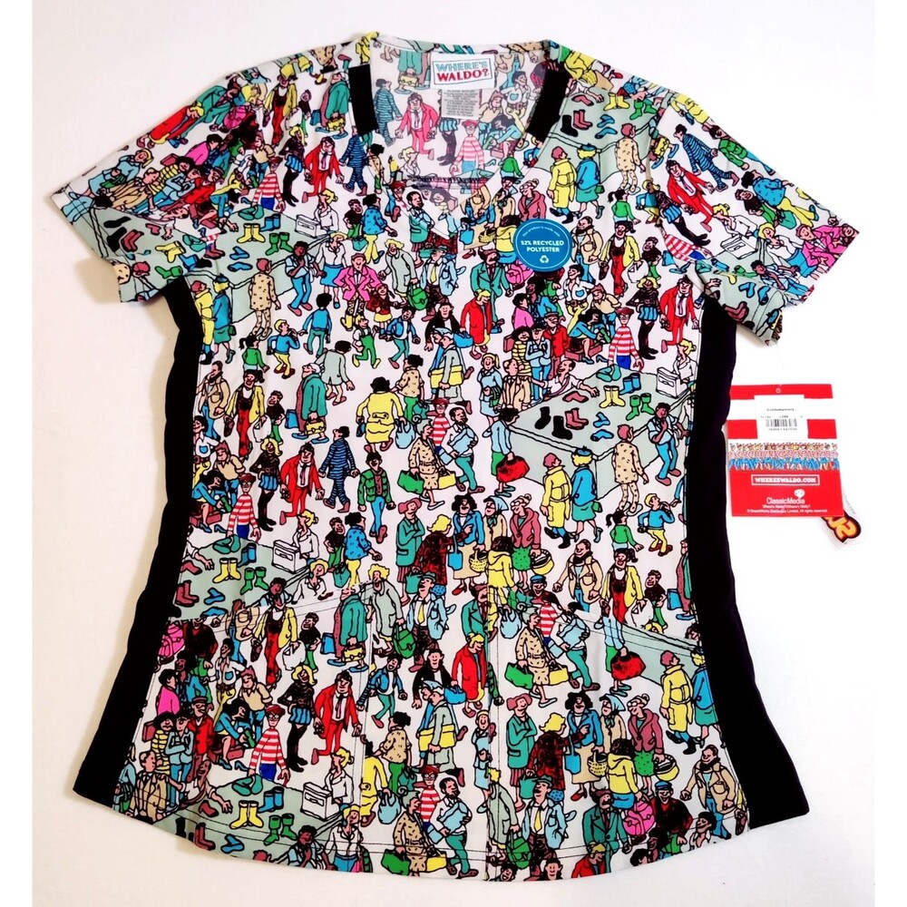 Where's Waldo Scrubs Tooniforms Women Size S, V Neck Top W/Pockets NEW